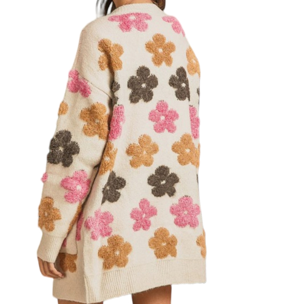 Cozy Cream Floral Plush Cardigan Sweater - Pink, Tan & Brown